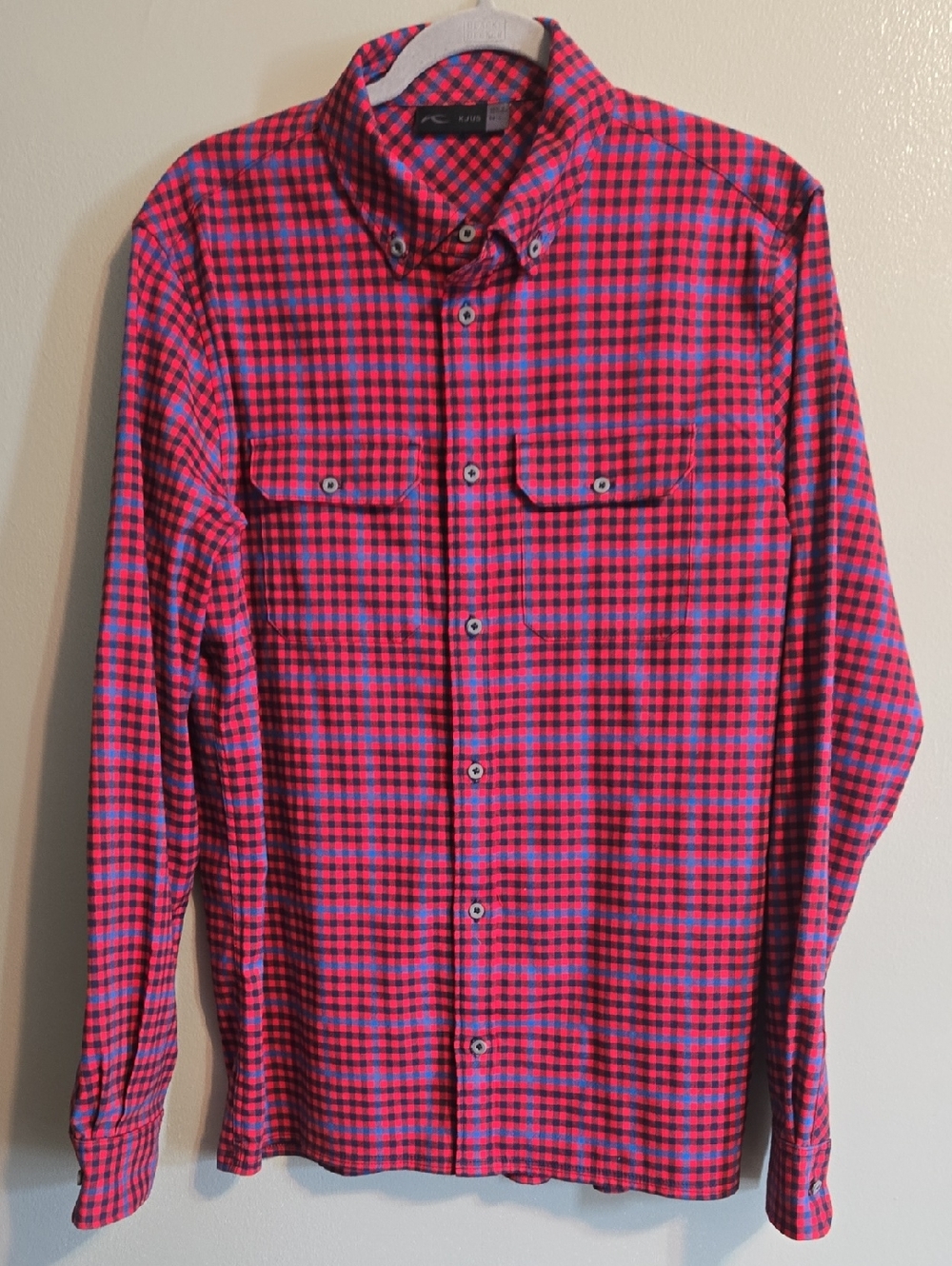 Kjus Circle Shirt Mens 52/L Red Black Blue Plaid Button Down Long Sleeve Outdoor